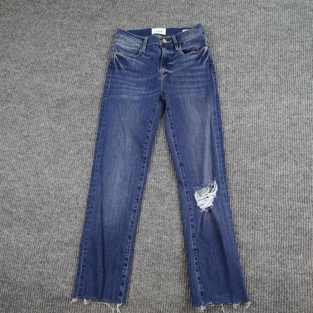 Frame Le High Straight Jeans Womens 26 Blue High Rise Distressed Raw Hem Denim